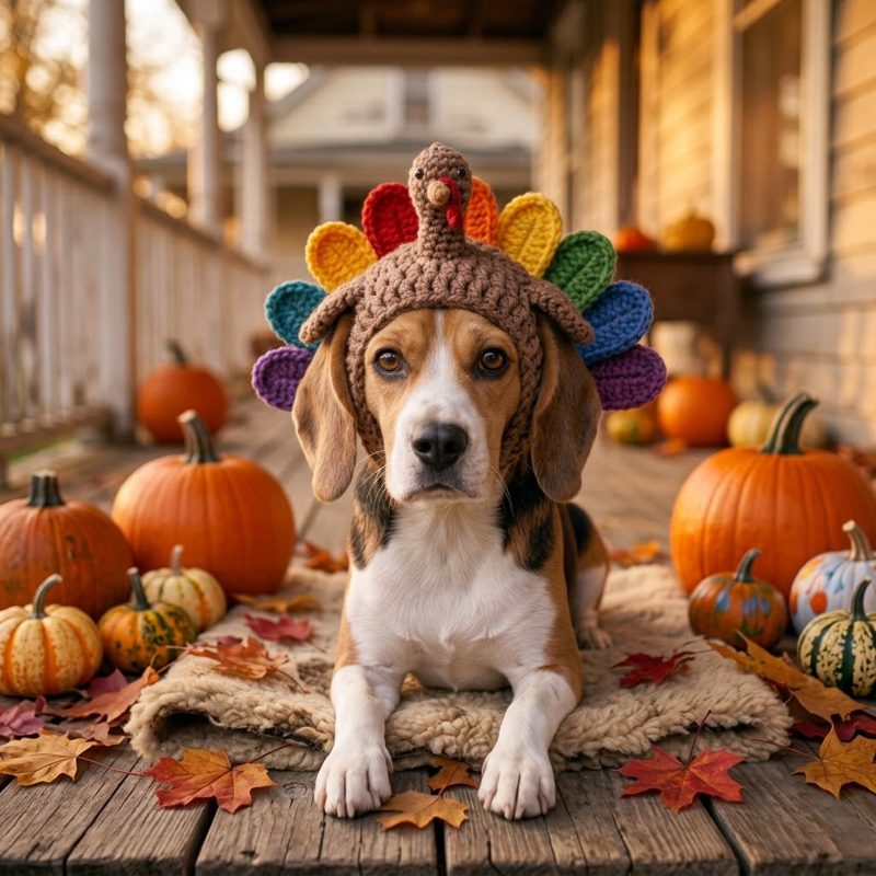 AI concept: Beagle in a crochet turkey hat on a porch with pumpkins
