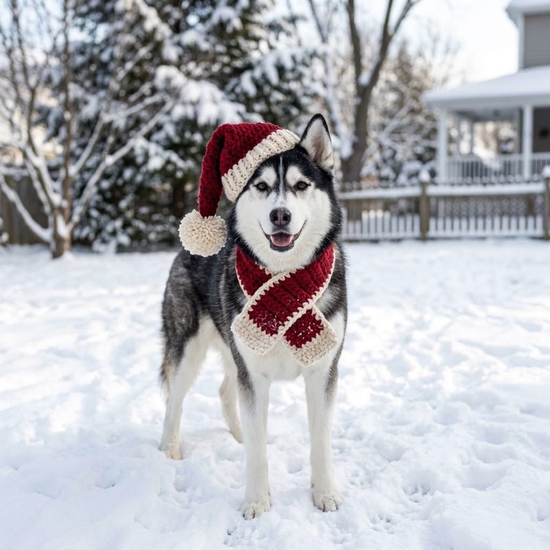 AI concept: Husky in a crochet Santa hat and scarf in the snow