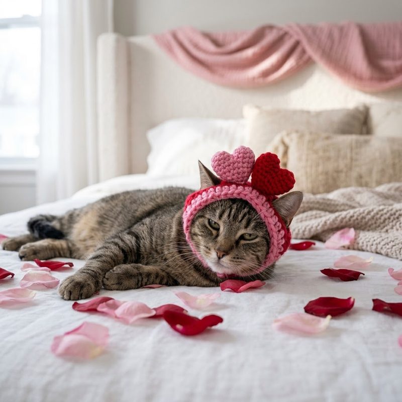AI concept: Cat in a crochet heart headband on a bed with rose petals