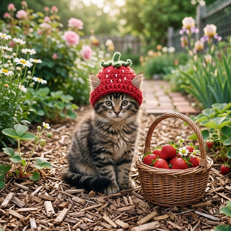 AI concept: Kitten in a crochet strawberry hat in a garden with a basket of strawberries
