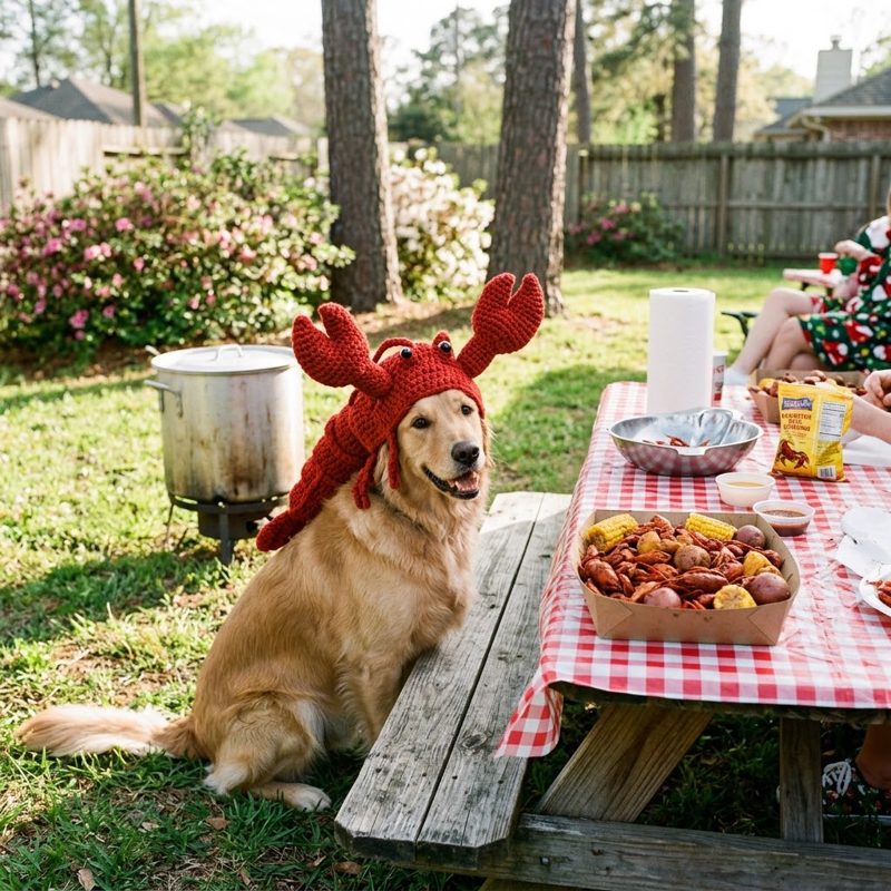 AI concept: Golden dog in a crochet crawfish hat at a backyard crawfish boil