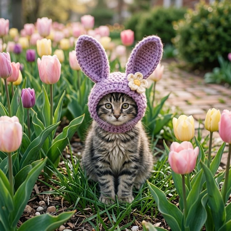 AI concept: Cat in a lavender crochet bunny hood among tulips