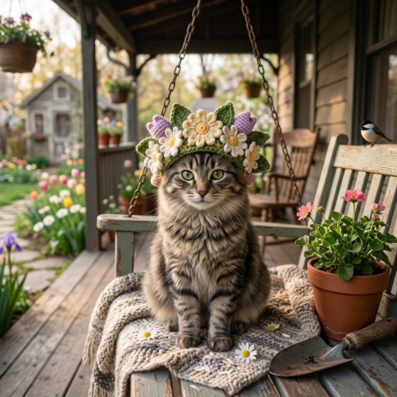 AI concept: Cat in a crochet flower crown on a front porch with potted plants