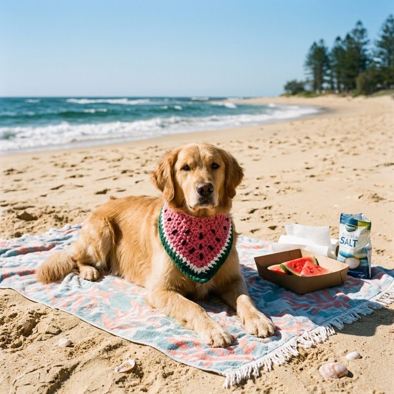 AI concept: Golden retriever in a crochet watermelon bandana on a beach blanket